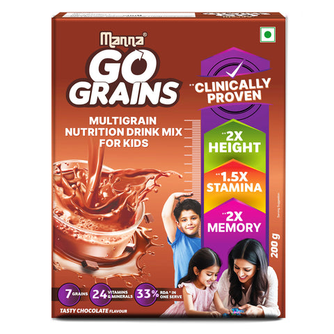 Manna Go Grains 200g - Kids Nutrition Drink - Clinically Proven to 2X Growth, Memory & Immunity, 1.5X stamina with 7 Multigrains Millets. Naturally sweetned with stevia. Chocolate Flavor.