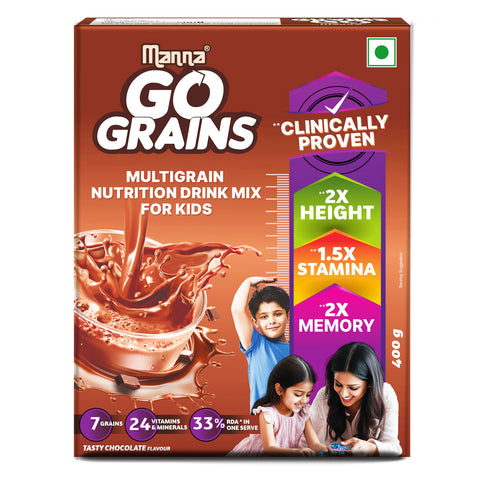 Manna Go Grains 400g - Kids Nutrition Drink - Clinically Proven to 2X Growth, Memory & Immunity, 1.5X stamina with 7 Multigrains Millets. Naturally sweetned with stevia. Chocolate Flavor.