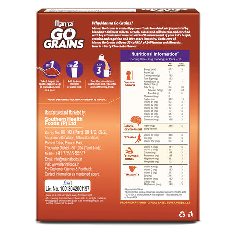 Manna Go Grains 200g - Kids Nutrition Drink - Clinically Proven to 2X Growth, Memory & Immunity, 1.5X stamina with 7 Multigrains Millets. Naturally sweetned with stevia. Chocolate Flavor.